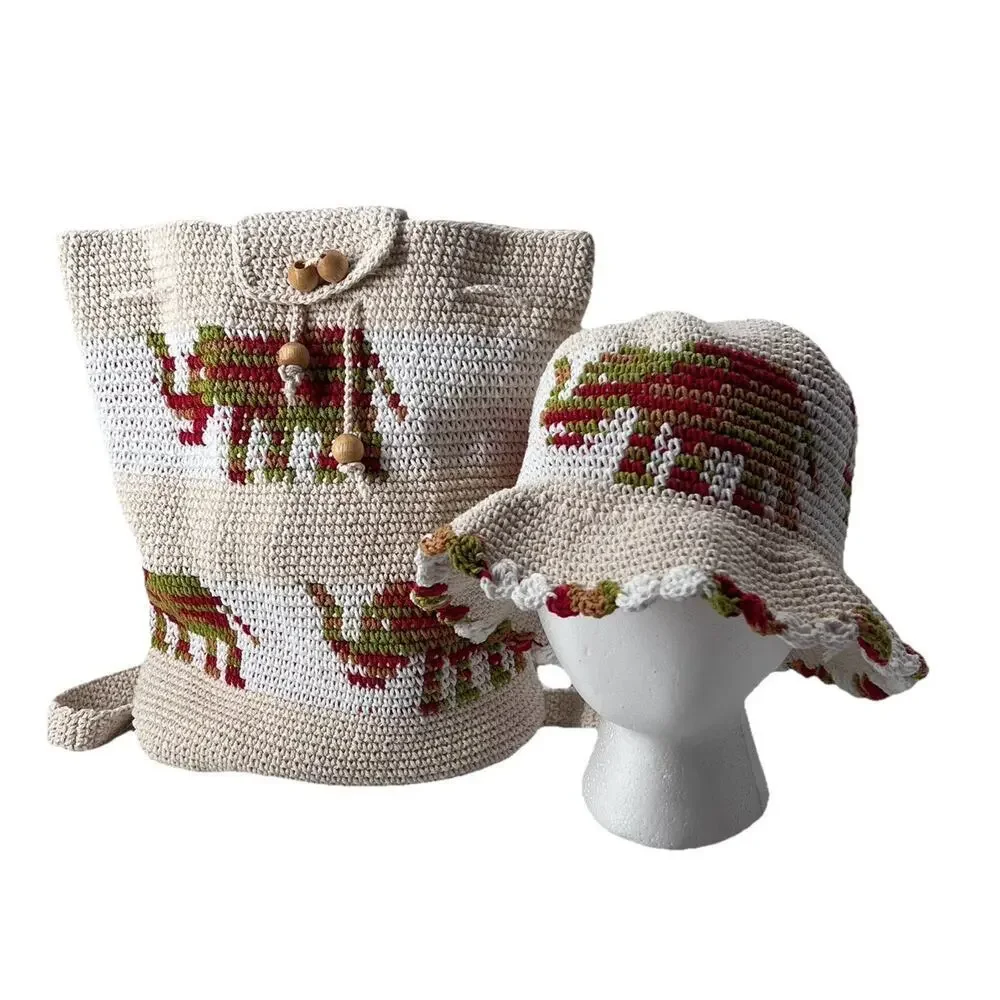 Handmade Boho Crochet Backpack Nap Sack Elephant Design & Matching Bucket Hat